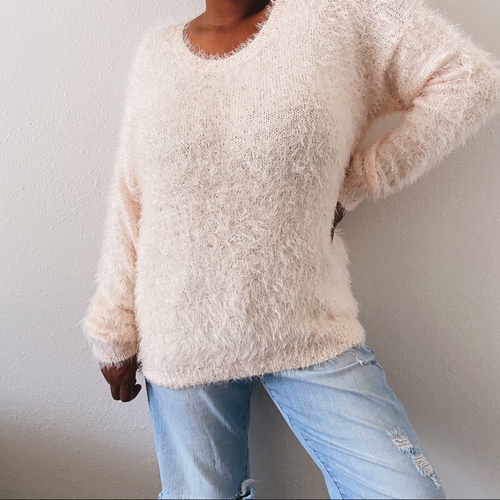 Cream Fuzzy Sweater with Gold Sequins